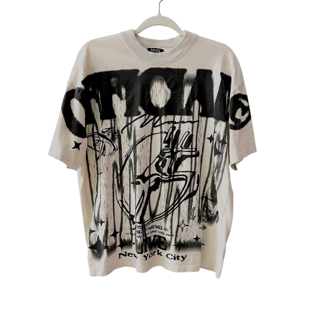 boohooMAN Graphic T-Shirt Mens Medium White Official NYC Streetwear Oversized